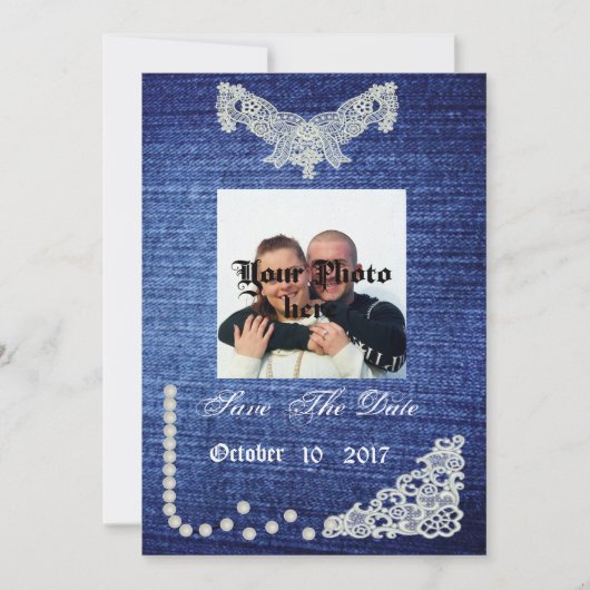 Denim, Perlen und Spitzen Save the Date (Vorderseite)