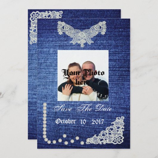 Denim, Perlen und Spitzen Save the Date (Vorne/Hinten)