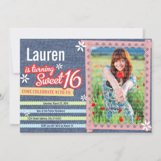 Denim & Pink Lace Sweet 16 Foto Einladung