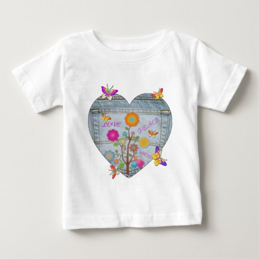 Denim Pocket Heart Blume Schmetterlinge Baby T-shirt (Vorderseite)