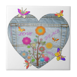 Denim Pocket Heart Blume Schmetterlinge Fliese