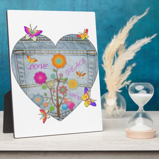 Denim Pocket Heart Blume Schmetterlinge Fotoplatte (Seite)