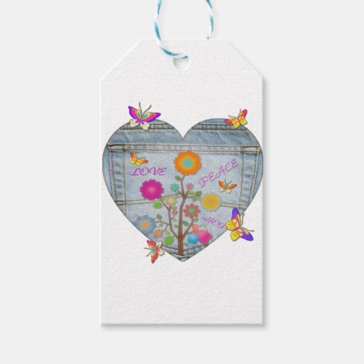 Denim Pocket Heart Blume Schmetterlinge Geschenkanhänger (Vorderseite)