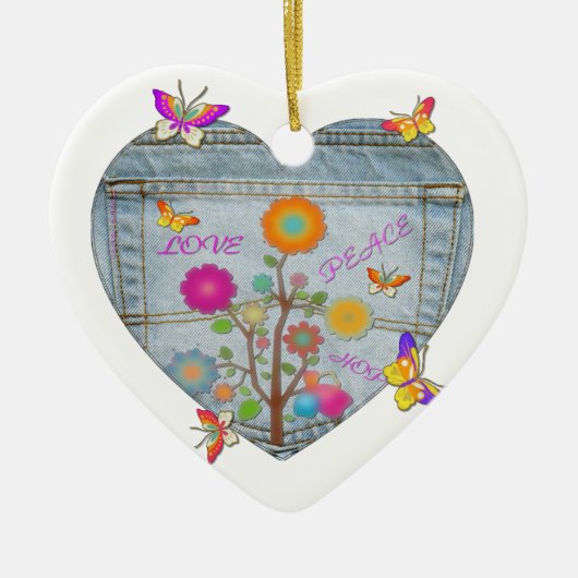 Denim Pocket Heart Blume Schmetterlinge Keramikornament (Vorne)