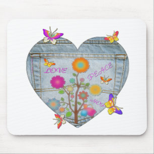 Denim Pocket Heart Blume Schmetterlinge Mousepad