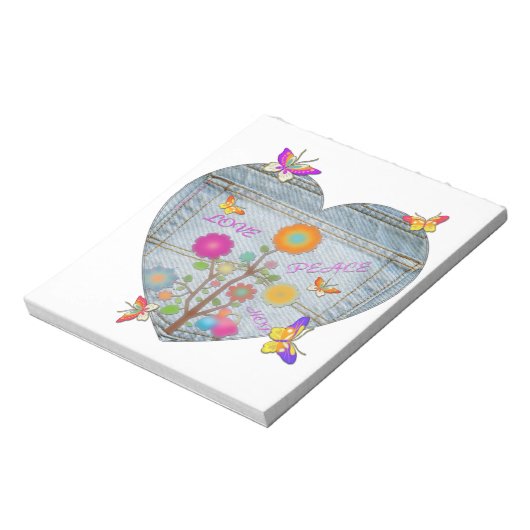 Denim Pocket Heart Blume Schmetterlinge Notizblock (Rotiert)