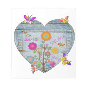 Denim Pocket Heart Blume Schmetterlinge Notizblock