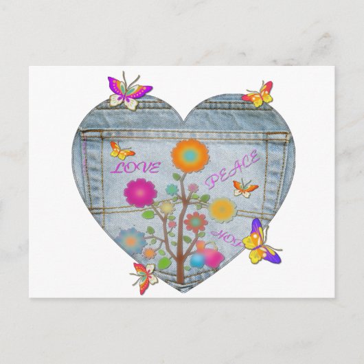Denim Pocket Heart Blume Schmetterlinge Postkarte (Vorderseite)