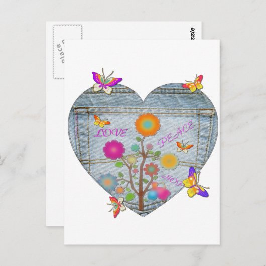 Denim Pocket Heart Blume Schmetterlinge Postkarte (Vorne/Hinten)