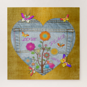 Denim Pocket Heart Blume Schmetterlinge Puzzle