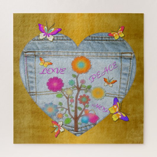 Denim Pocket Heart Blume Schmetterlinge Puzzle (Vertikal)
