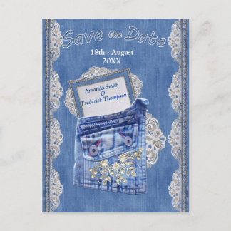 Denim Pocket mit Creme Blume Lace Ankündigungspostkarte