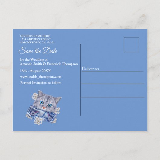 Denim Pocket mit Kostümschmuck und einem Kätzchen Ankündigungspostkarte (Rückseite)