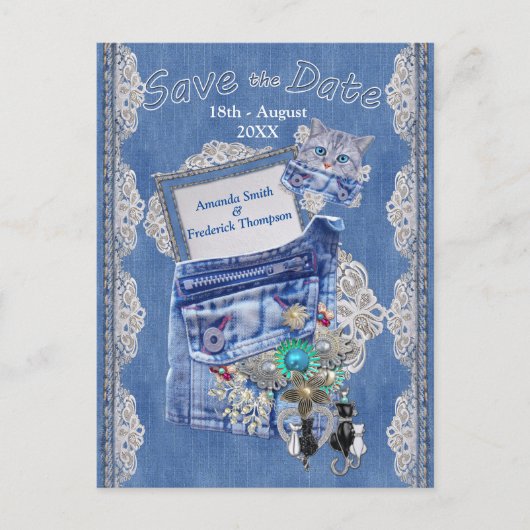 Denim Pocket mit Kostümschmuck und einem Kätzchen Ankündigungspostkarte (Vorderseite)