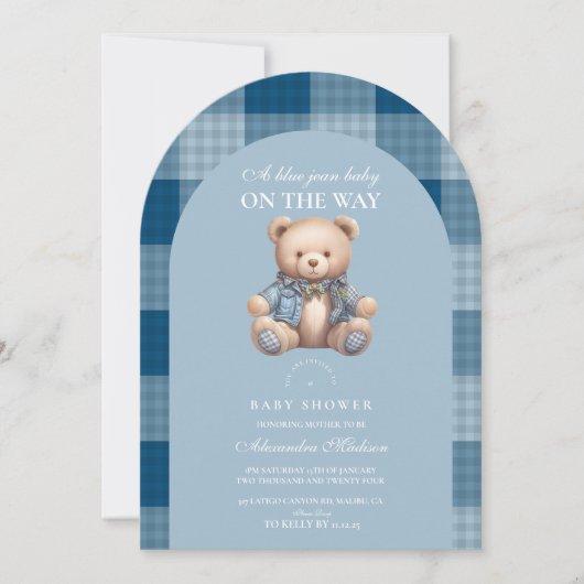 Denim Teddy Bear Baby Shower Einladung (Vorderseite)