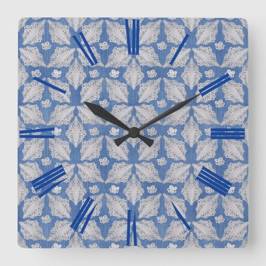 Denim texture with Lace Repeat Pattern Quadratische Wanduhr (Vorderseite)