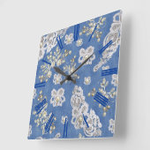 Denim Textured Lace and Pearls Quadratische Wanduhr (Winkel)