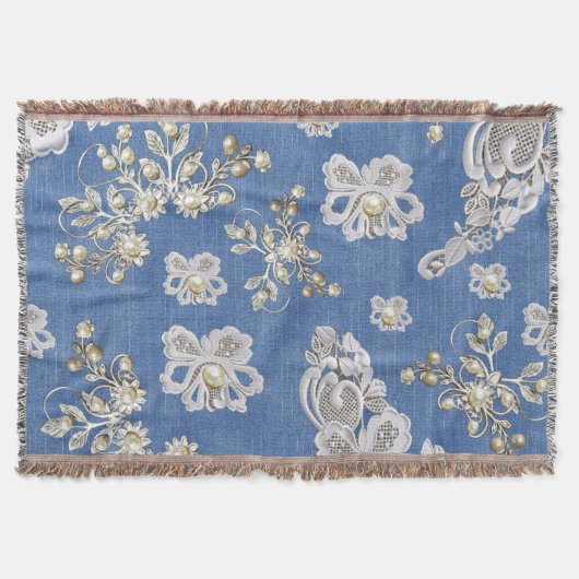 Denim Textured Lace und Pearls Decke (Vorderseite)
