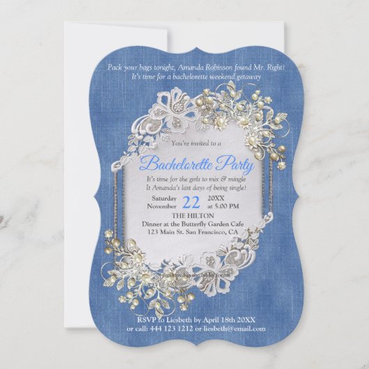 Denim Textured Lace und Pearls Einladung (Vorderseite)