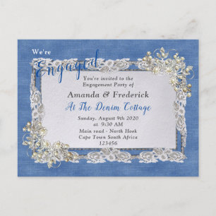 Denim Textured Lace und Pearls Einladungspostkarte