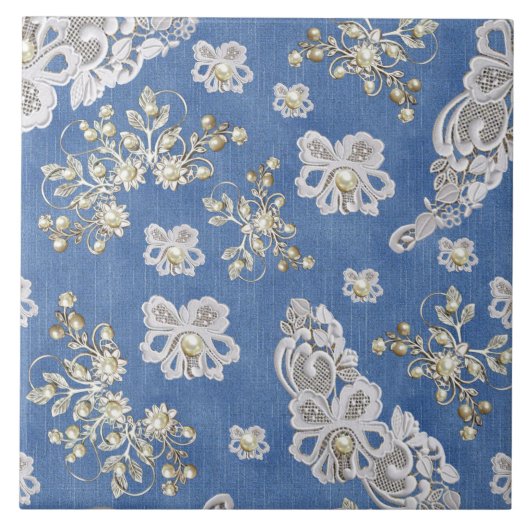Denim Textured Lace und Pearls Fliese (Vorderseite)