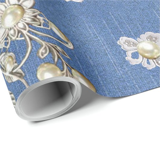Denim Textured Lace und Pearls Geschenkpapier (Rolleneckpunkt)