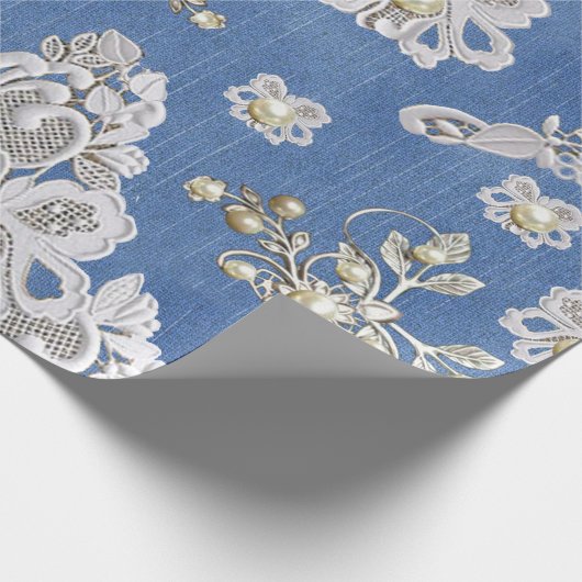 Denim Textured Lace und Pearls Geschenkpapier (Ecke)