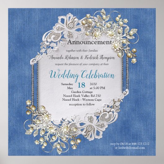 Denim Textured Lace und Pearls Poster (Vorne)