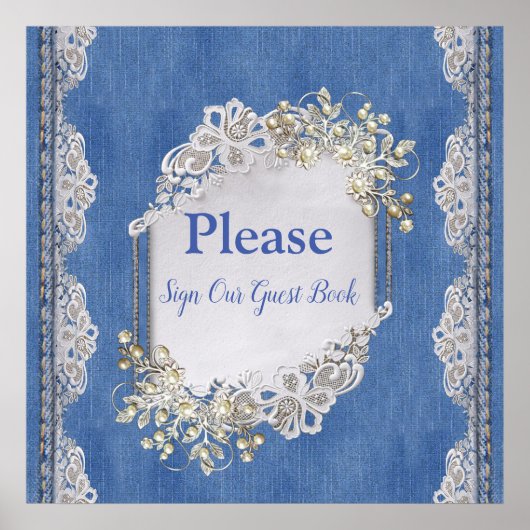 Denim Textured Lace und Pearls Poster (Vorne)