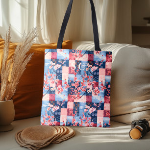 Denim- und Blumenpatchwork mit Kirschblüten  Tasche