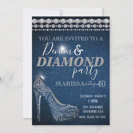Denim und Diamond Birthday Party, elegant, Heelse Einladung (Vorderseite)