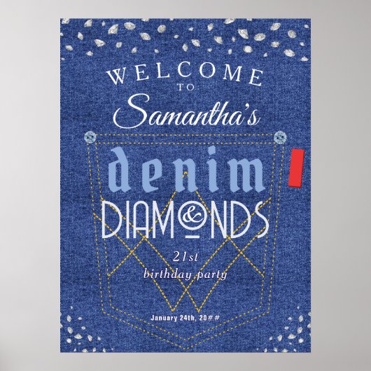Denim und Diamonds Blue Jeans Bling Birthday Party Poster (Vorne)