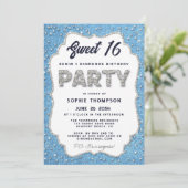 Denim und Diamonds Glitzer Rahmen Sweet 16 Party Einladung (Stehend Vorderseite)