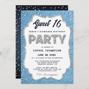 Denim und Diamonds Glitzer Rahmen Sweet 16 Party Einladung