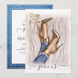 Denim und Gold Fashionista Junggesellinnenabschied Einladung