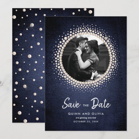 Denim und Perlen Foto Einladung (Vorne/Hinten)