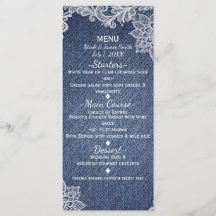 Denim- und Weiß Blumen-Spitze Elegantes Hochzeitsm Menükarte