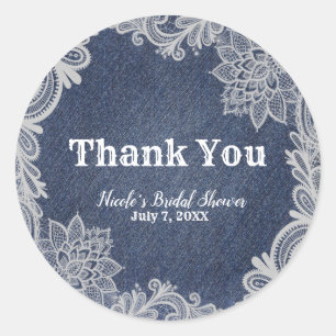 Denim & White Blumen-Spitze Elegantes Hochzeitsges Runder Aufkleber