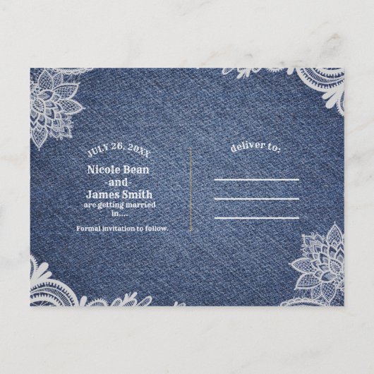 Denim & White Floral Lace Elegant Save the Date Ankündigungspostkarte (Rückseite)