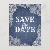 Denim & White Floral Lace Elegant Save the Date Ankündigungspostkarte (Vorderseite)