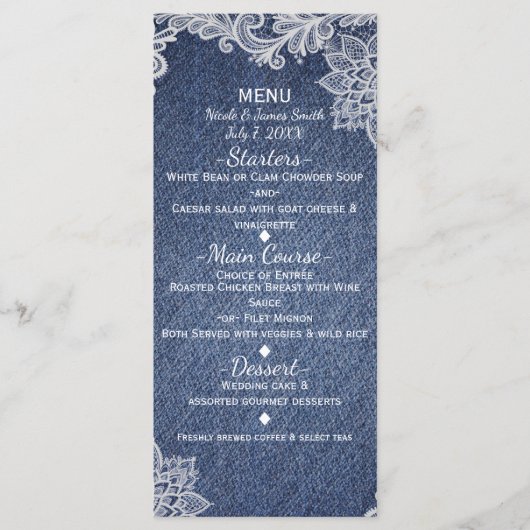 Denim & White Floral Lace Elegantes Hochzeitsmenü Menükarte (Vorderseite)