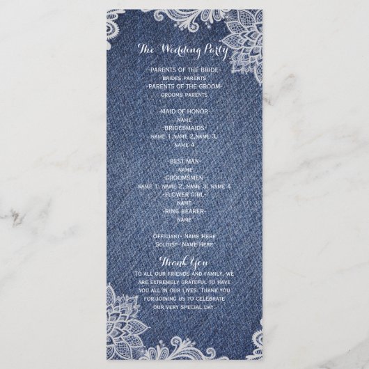 Denim & White Floral Lace Wedding Program Rack Programm (Rückseite)