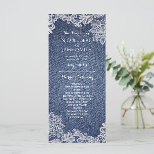 Denim & White Floral Lace Wedding Program Rack Programm (Stehend Vorderseite)
