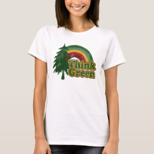 Denke ökologisch, Retro Regenbogen und Baum T-Shirt