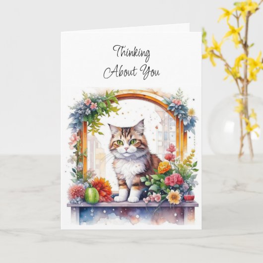 Denken | Katze im Fenster mit Blume Karte (Gelbe Blume)