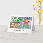 Denken Sie an Cat at Table Illustration Karte (Gelbe Blume)