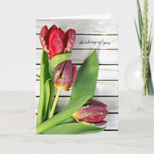 Denken Sie an extravagante rote Tulpen auf Holz Karte (Vorderseite)
