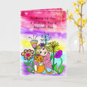 Denken Sie an Freundschaft Whimsical Cat and Girl Karte (Gelbe Blume)