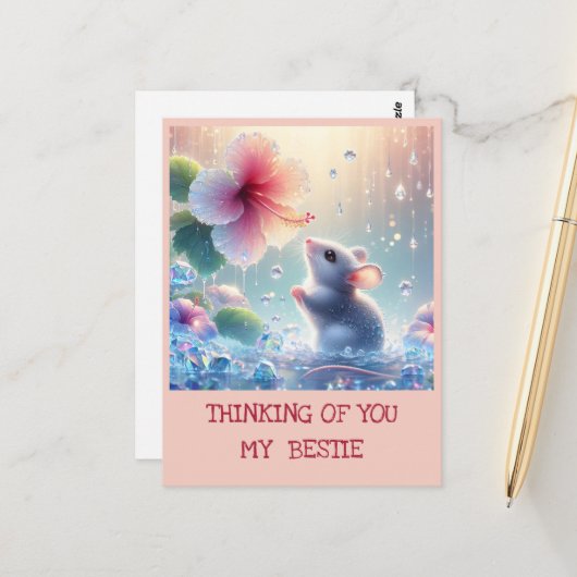 Denken Sie an Pink Blush Blume Mystische Maus Postkarte (Vorderseite/Rückseite Beispiel)