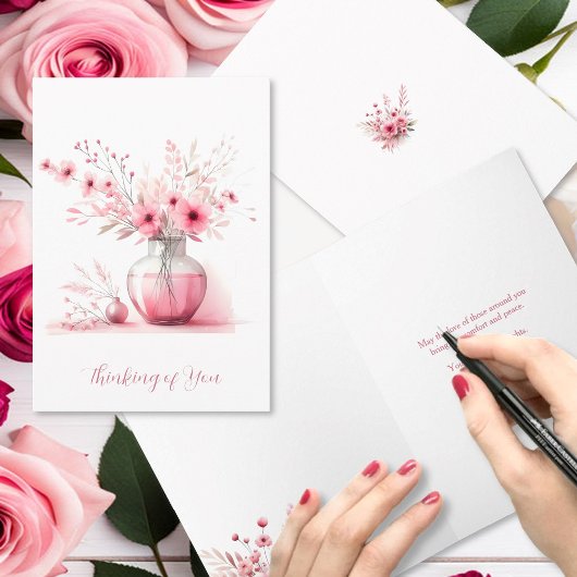 Denken Sie an Pink Vase und Blume Beileid Karte